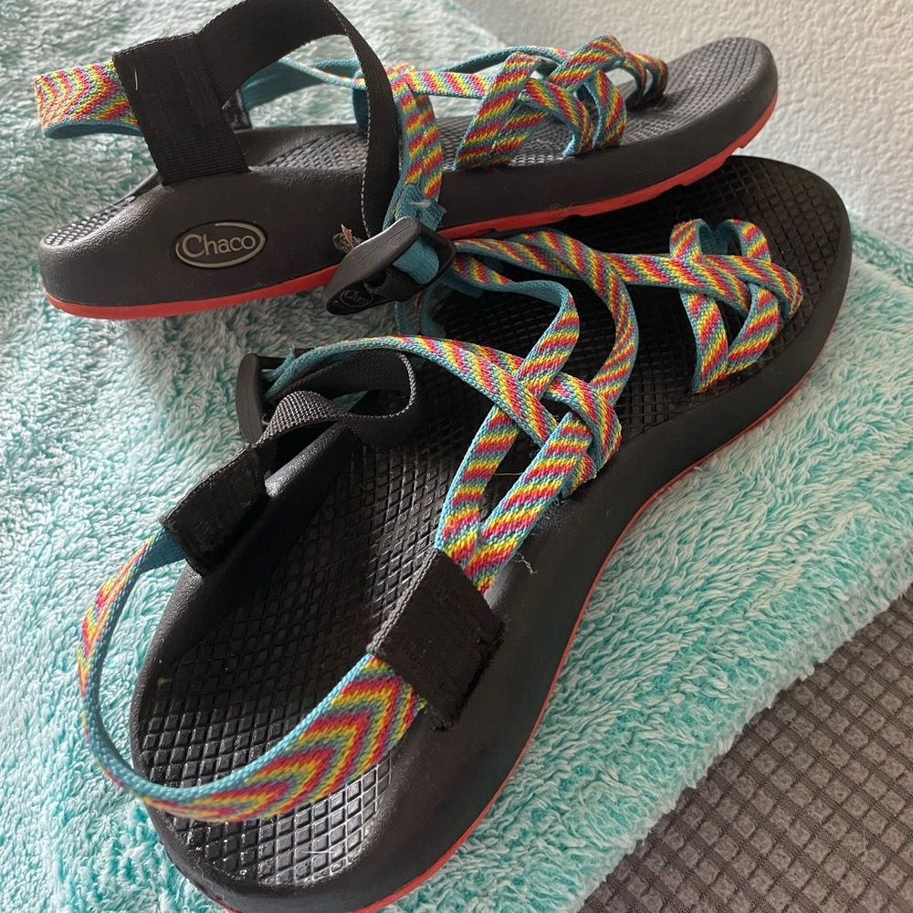 Rainbow chevron Chacos sandals